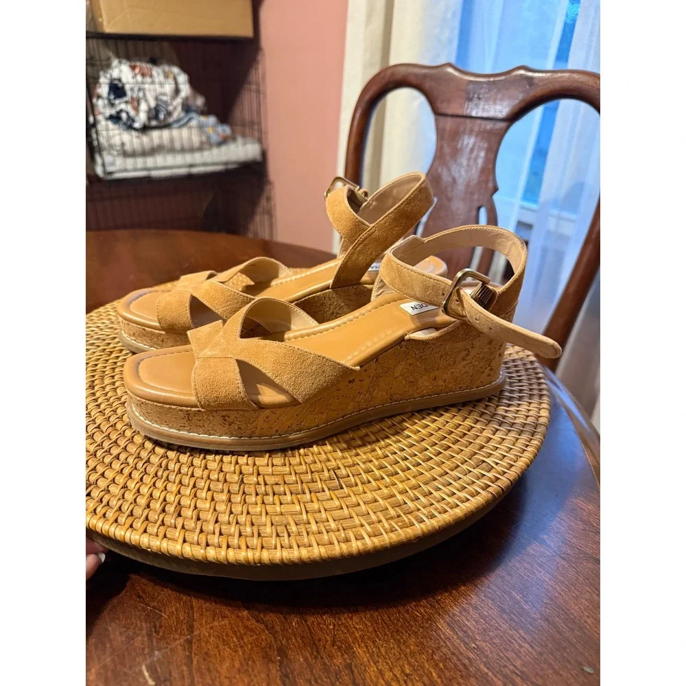 Steve Madden Tan Suede Cork Platform Wedge Sandals Ankle Strap Womens 8M
